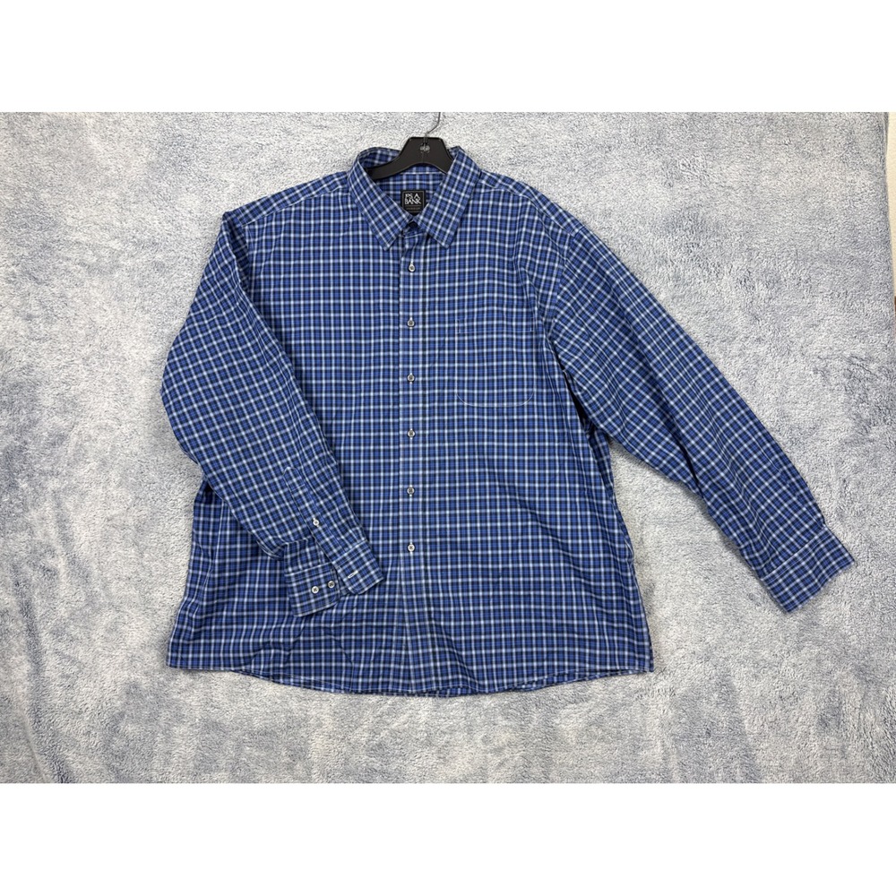 Jos. A. Bank Mens XXL Blue Plaid Traveler Button Down Long Sleeve Cotton Shirt